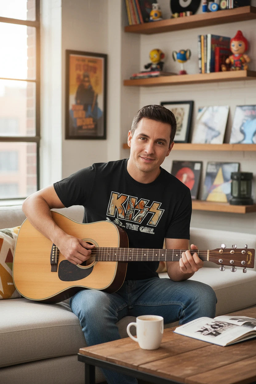 Dylan's Tees black graphic t-shirt featuring Kiss The Girl print worn by a man playing acoustic guitar in a living room
