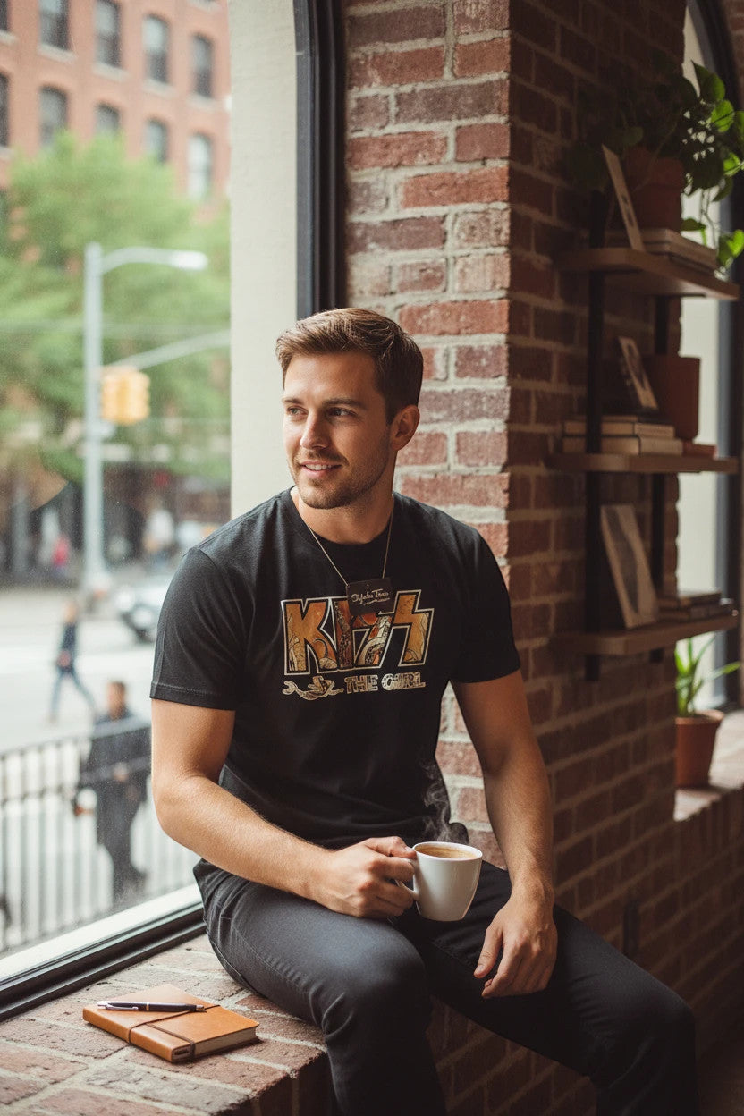 Man wearing a black Dylan's Tees graphic t-shirt with Kiss The Girl print, sitting by a brick window with coffee.