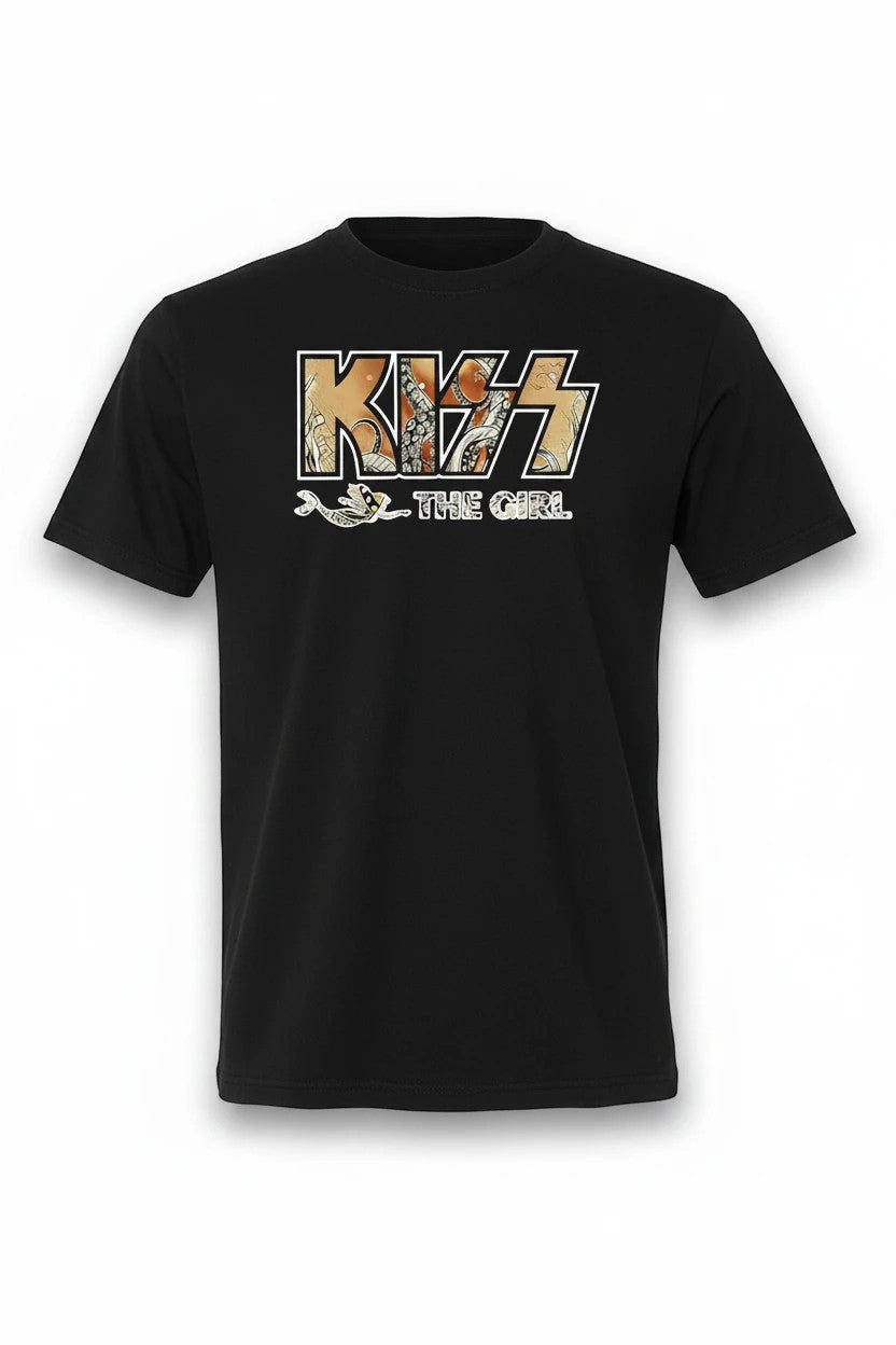 Dylan's Tees black graphic t-shirt featuring a Kiss The Girl band-inspired logo with detailed artistic lettering.