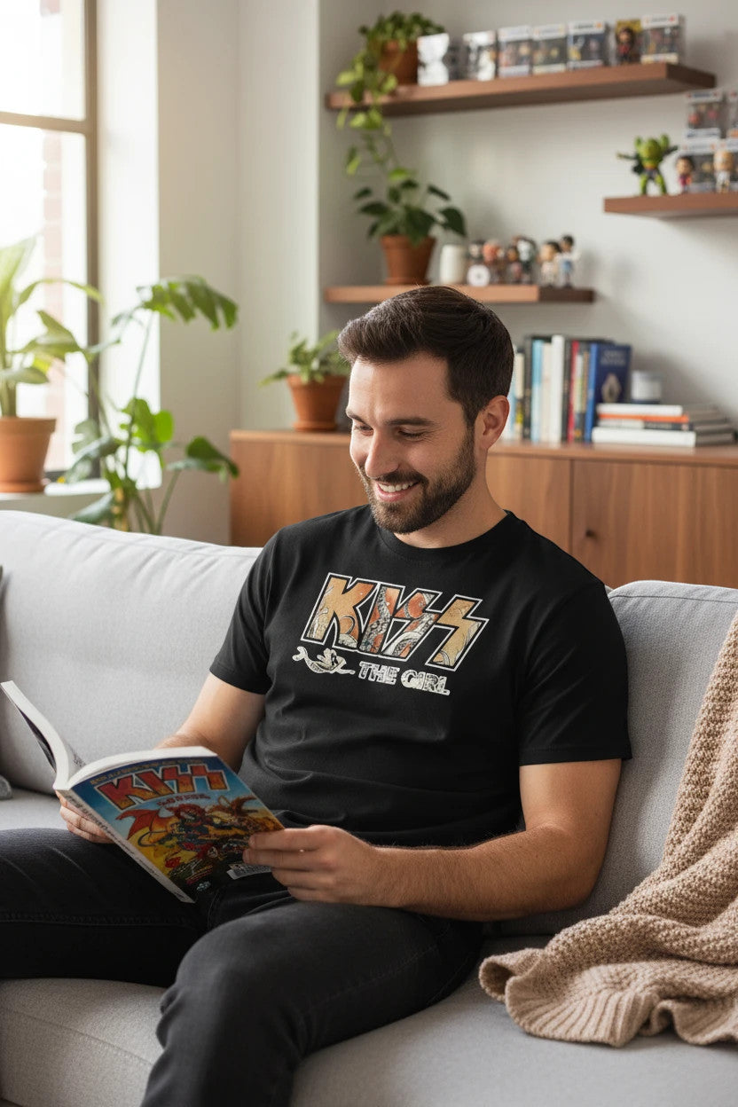 A man wearing a black Dylan's Tees graphic t-shirt with Kiss The Girl print while reading a comic book on a sofa.